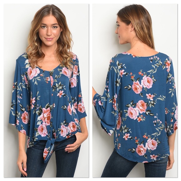 Lavender Moon Tops - Teal Floral Jersey Knotted Knotted Top